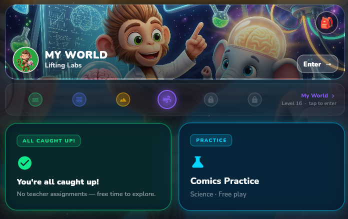 A real YONA app screen — the My World home in the Lifting Labs world